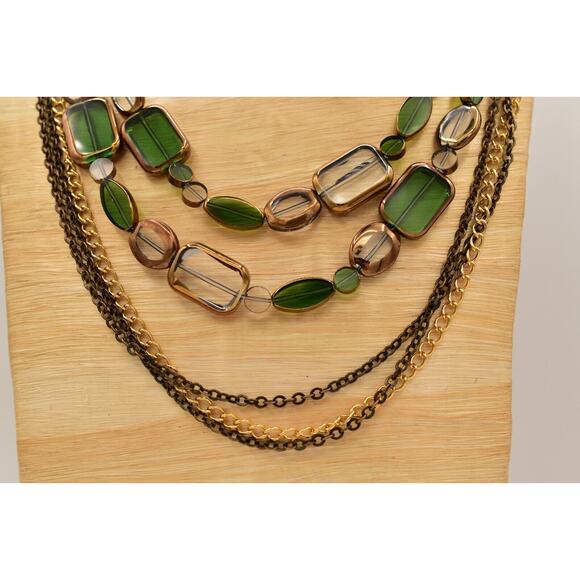 Sparkling Sage Vintage Glass Beaded Necklace Green Gold Multi-Layer Signed Bin7A - Picture 8 of 12